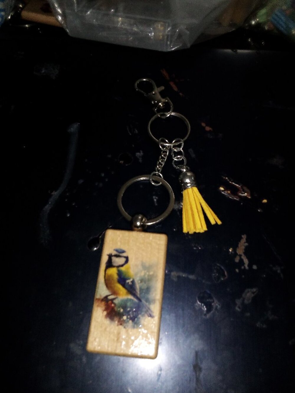 Wooden Blue Tit Bird Bag Charm with Yellow Tassel